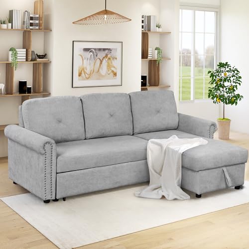L Shaped Convertible Sleeper Sectional Sofa with Storage Chaise Gray k7