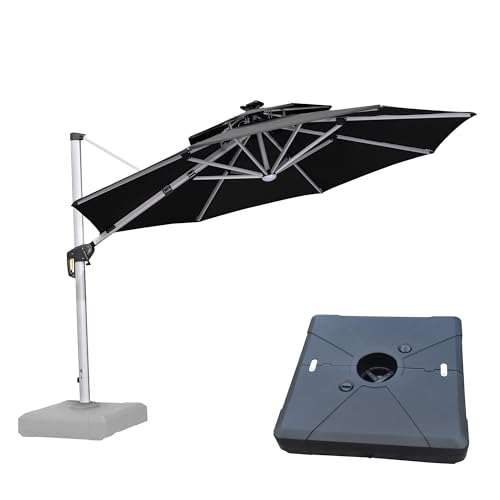 PURPLE LEAF 10ft Patio Umbrella With Base Solar powered LED Cantilever Umbrella with LED lights Windproof Outdoor Offset Umbrella for Garden Deck Pool Patio, Navy Blue