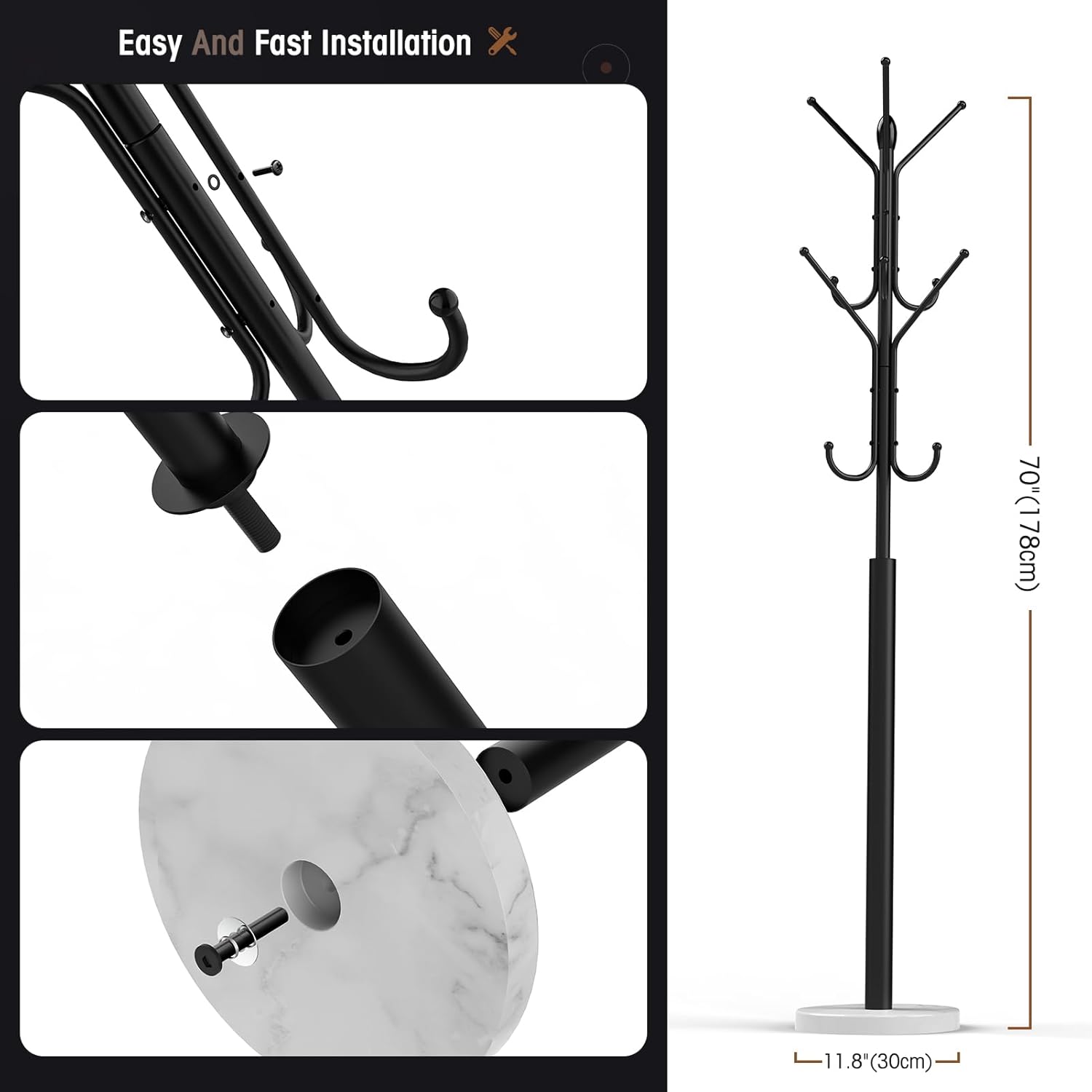 Coat Rack with 12 Storage Hooks, Marble Base7k