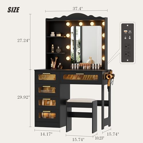 Vanity Desk with Mirror and Lights, 5 Drawers, White a7
