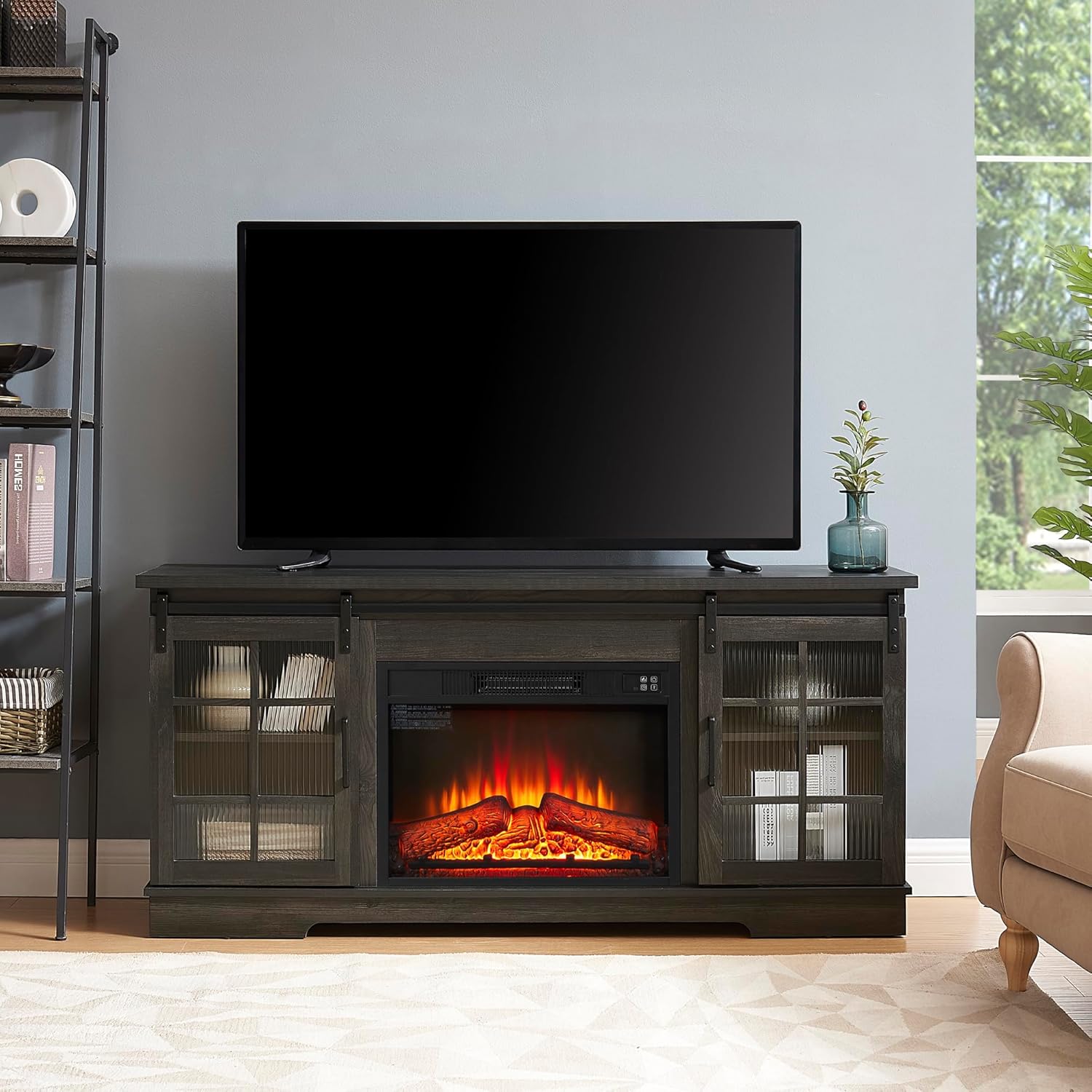 Electricity Fireplace TV Stand for 65 Inch TV,Farmhouse Entertainment Center with 23" Fireplace and LED Lights,Media Console Table with Storage Drawers and Sliding Door for Living Room (Charcoal Grey)