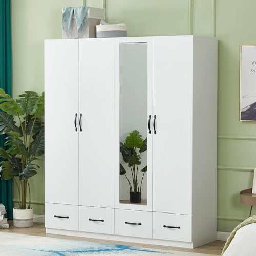 Wardrobe Closet, 2 Door Wardrobe Cabinet with Storage Cabinet, Armoire Wardrobe Closet with Storage Drawers, Bedroom Armoires with Hanging Rod, White Wooden Closet (71" H x 32" W x 20" D)