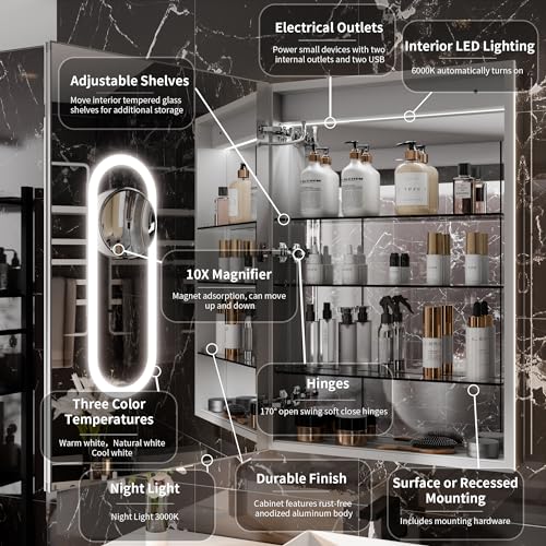 Lighted Medicine Cabinet with Mirror 24x36 LED Bathroom k7m