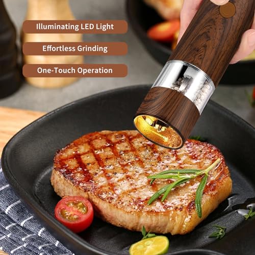Salt and Pepper Grinder Set Automatic Refillable 6 Adjustable Ceramic Core LED Light 2 Pack Wood Grain k7