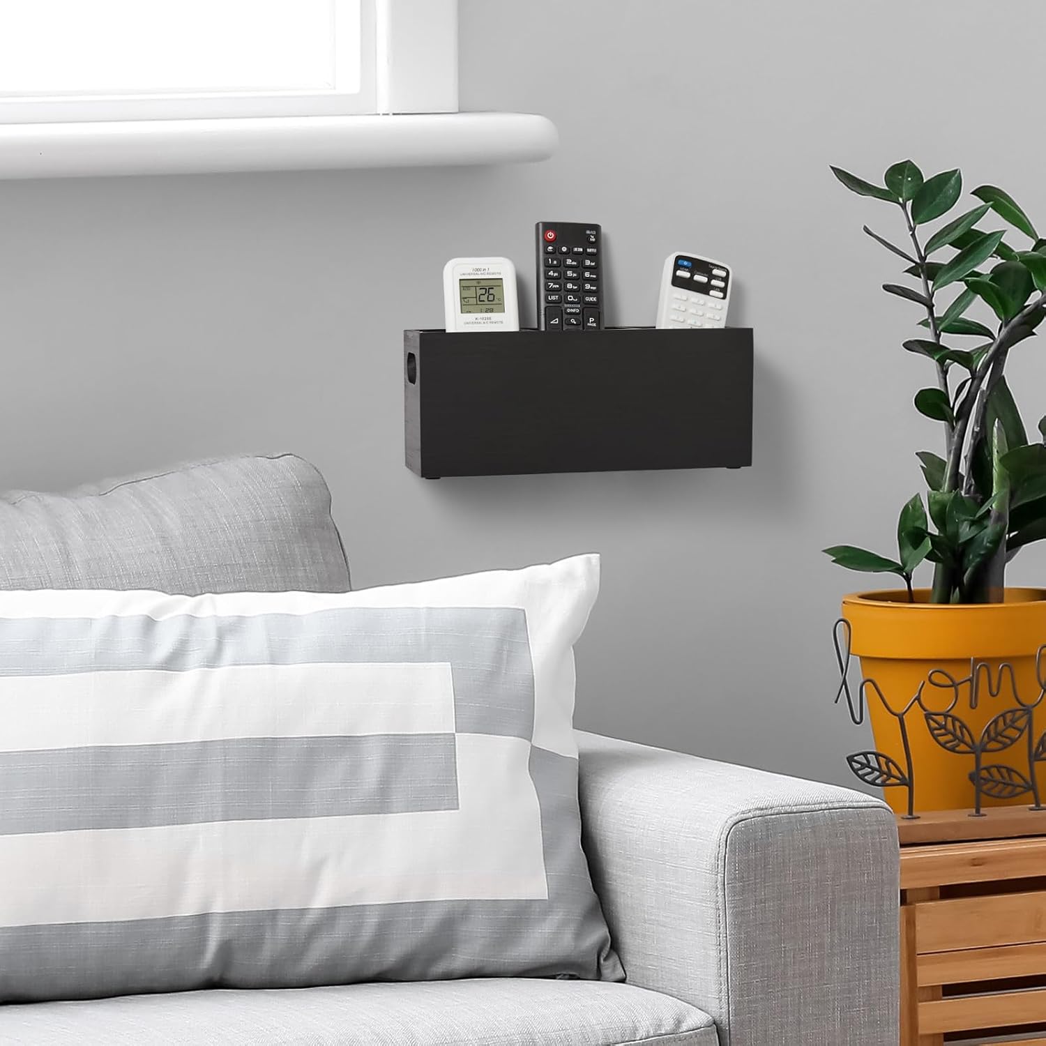 TV Remote Holder Wall Mount 3 Slots Wooden Black a7