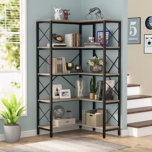 Modern 5-Tier Corner Bookshelf with Metal Frame Grey k7p