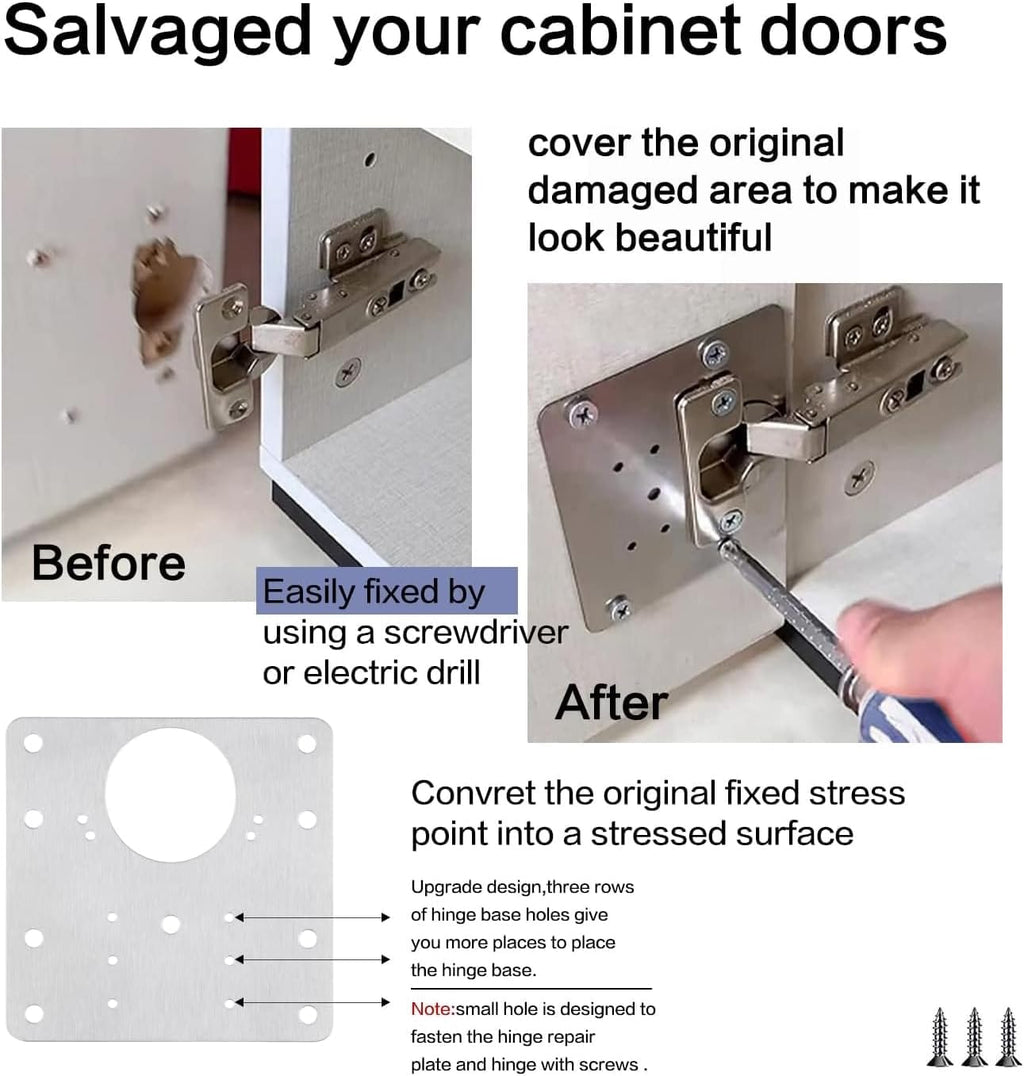 16pack Hinge Repair Plate, Stainless Steel Cabinet Hinge Repair Plate kit, Hinge Repair Brackets with Mounting Screws for Protecting Wooden Kitchen Cabinet Door
