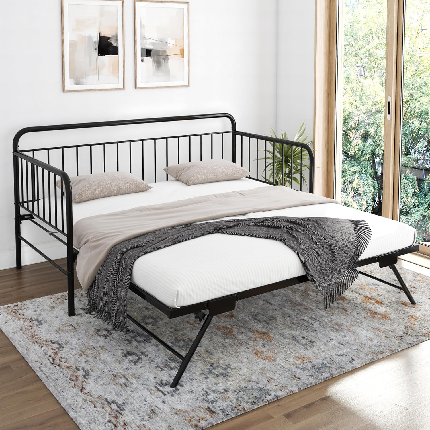 Metal Daybed with Pop Up Trundle Twin Black k7