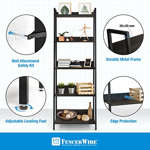 Fencer Wire 5 Tier Ladder Bookshelf, 24 Inch Width, Black Wooden Shelves a7
