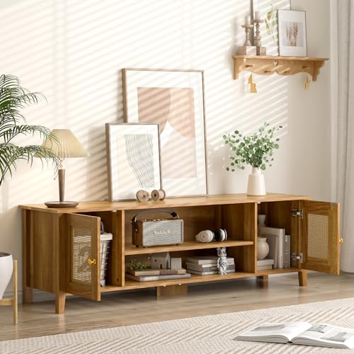Rattan TV Stand for 65 70 inch TV Entertainment Center with Storage a7
