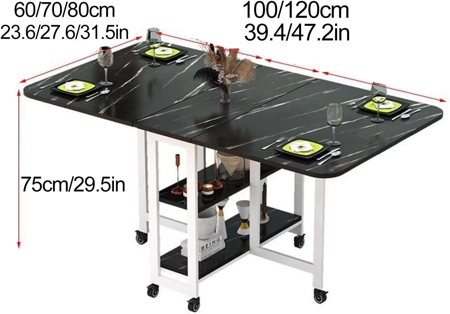 Folding Dining Table with Wheels and Storage Racks a7