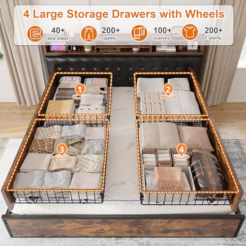 Queen Bed Frame with 4 Drawers and Charging Station a7k