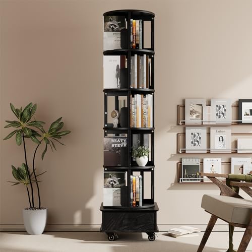 Solid Wood Rotating Bookshelf 360 Display with Drawer 5-Tier Mobile Tower k7p