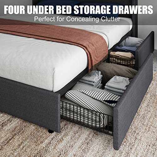 Queen LED Bed Frame with Wingback Headboard, Platform Bed with Storage Drawers a7k