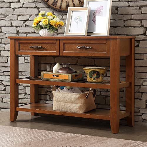 Console Sofa Table with 2 Storage Drawers and 2 Tiers Shelves, Mid-Century Style 42'' Solid Wood Buffet Sideboard for Living Room Furniture Kitchen Dining Room Entryway Hallway, Antique White