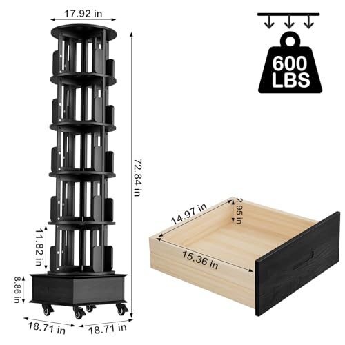 Solid Wood Rotating Bookshelf 360 Display with Drawer 5-Tier Mobile Tower k7p