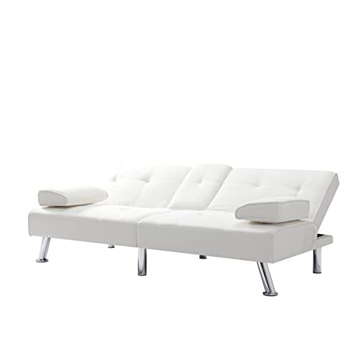 Synthetic Leather Convertible Futon Sofa Bed with Cup Holders Beige k7