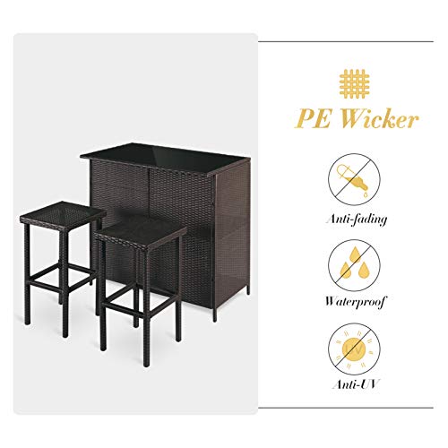 Outdoor Bar Set 3-Piece Brown Wicker Patio Furniture with Cushions q7m