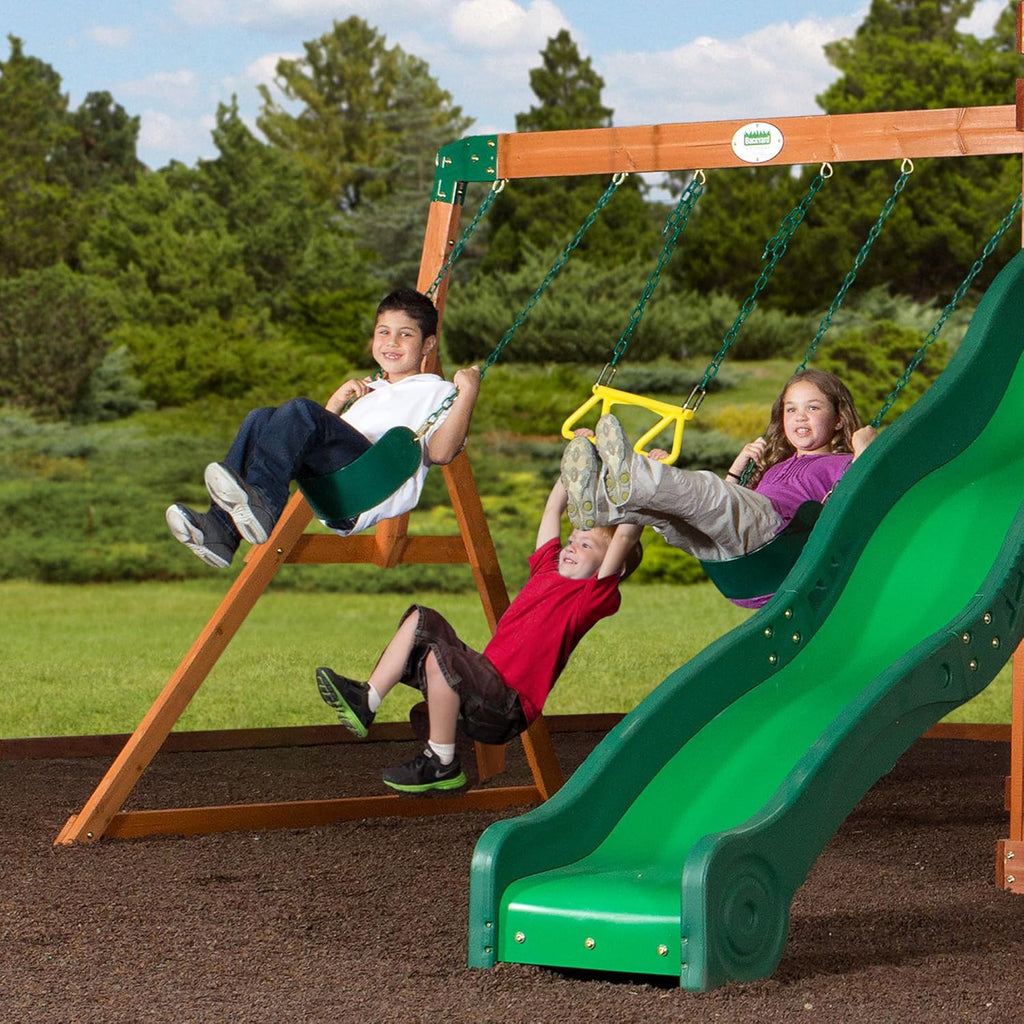 Cedar Wooden Playset Swing Set with Wave Slide and Playhouse k7m