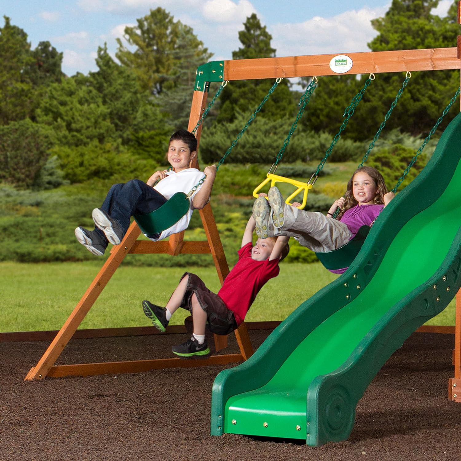 Cedar Wooden Playset Swing Set with Wave Slide and Playhouse k7m