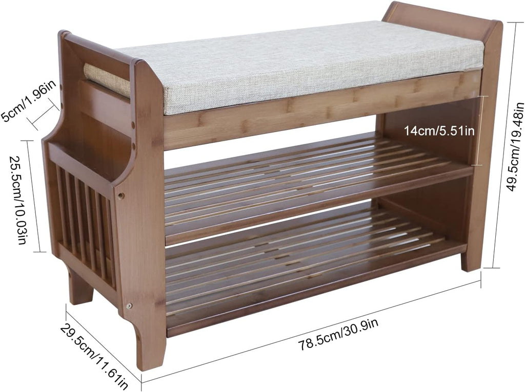Bamboo Shoe Bench with Seat Cushion Entryway Storage Shelf a7