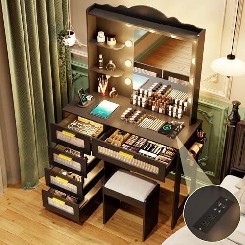 Vanity Desk with Mirror and Lights, 5 Drawers, White a7