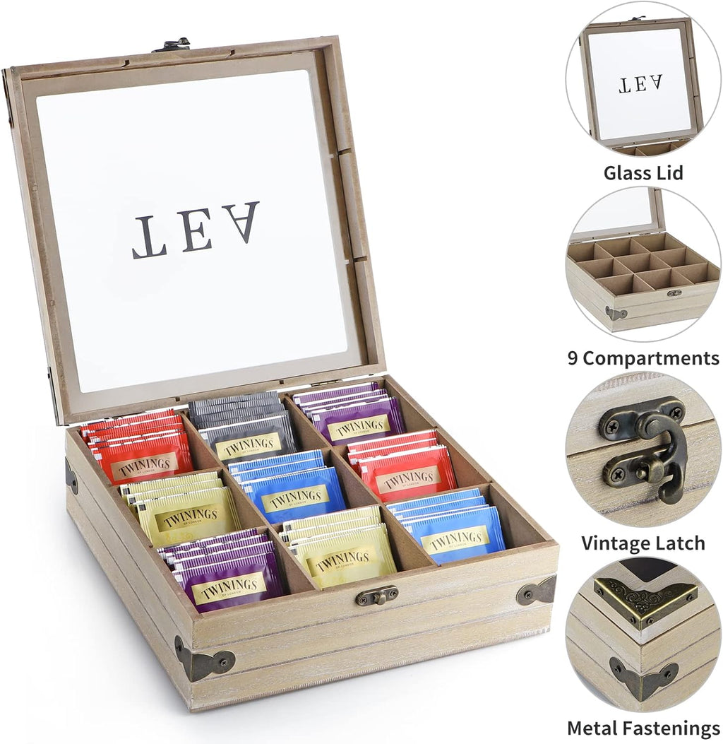 Tea Box Organizer with Glass Lid, 9 Compartments a7