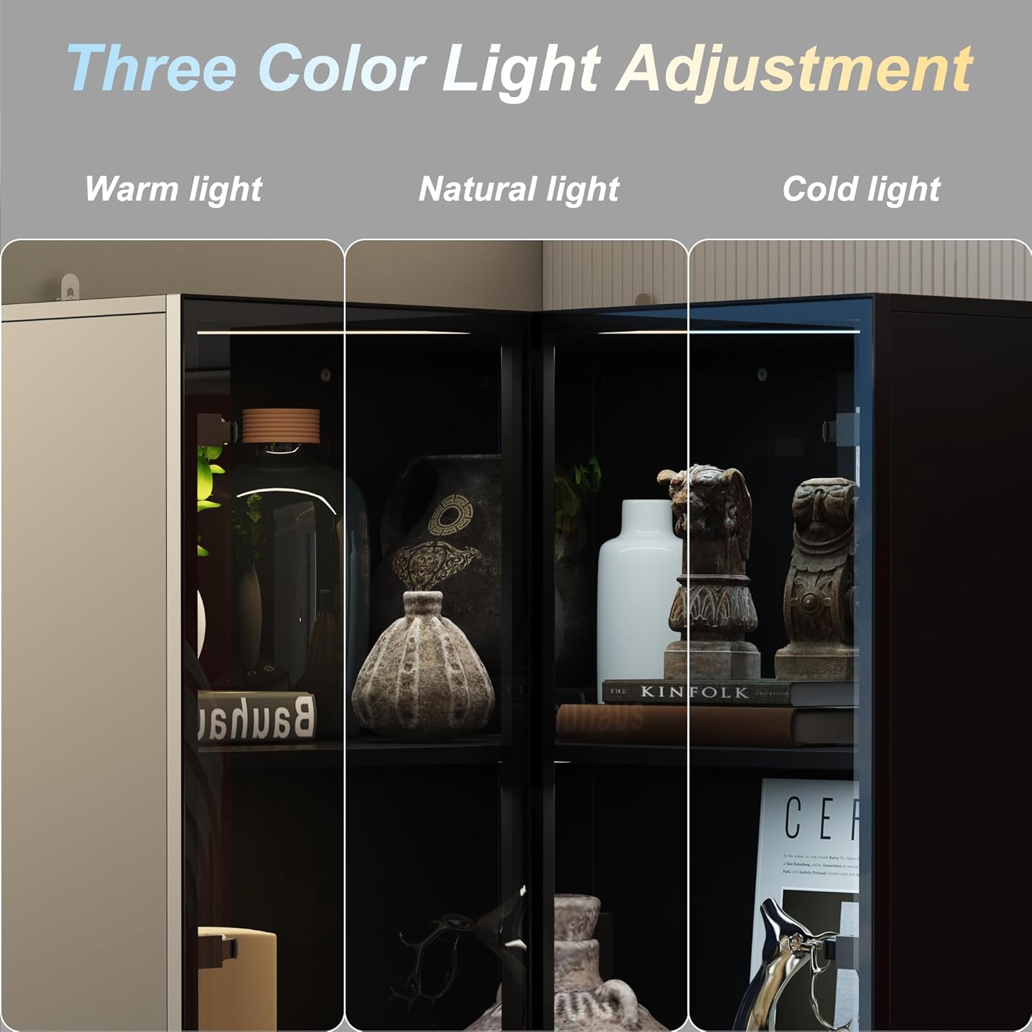 Corner Storage Cabinet with Glass Door and Light, 2 Doors 4 Shelves, Black 7k