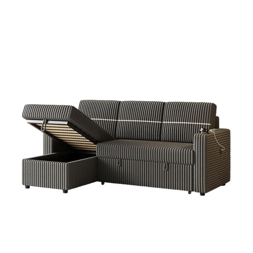 L-Shaped Sleeper Sectional Sofa Bed with Storage Chaise, Corduroy Brown a7
