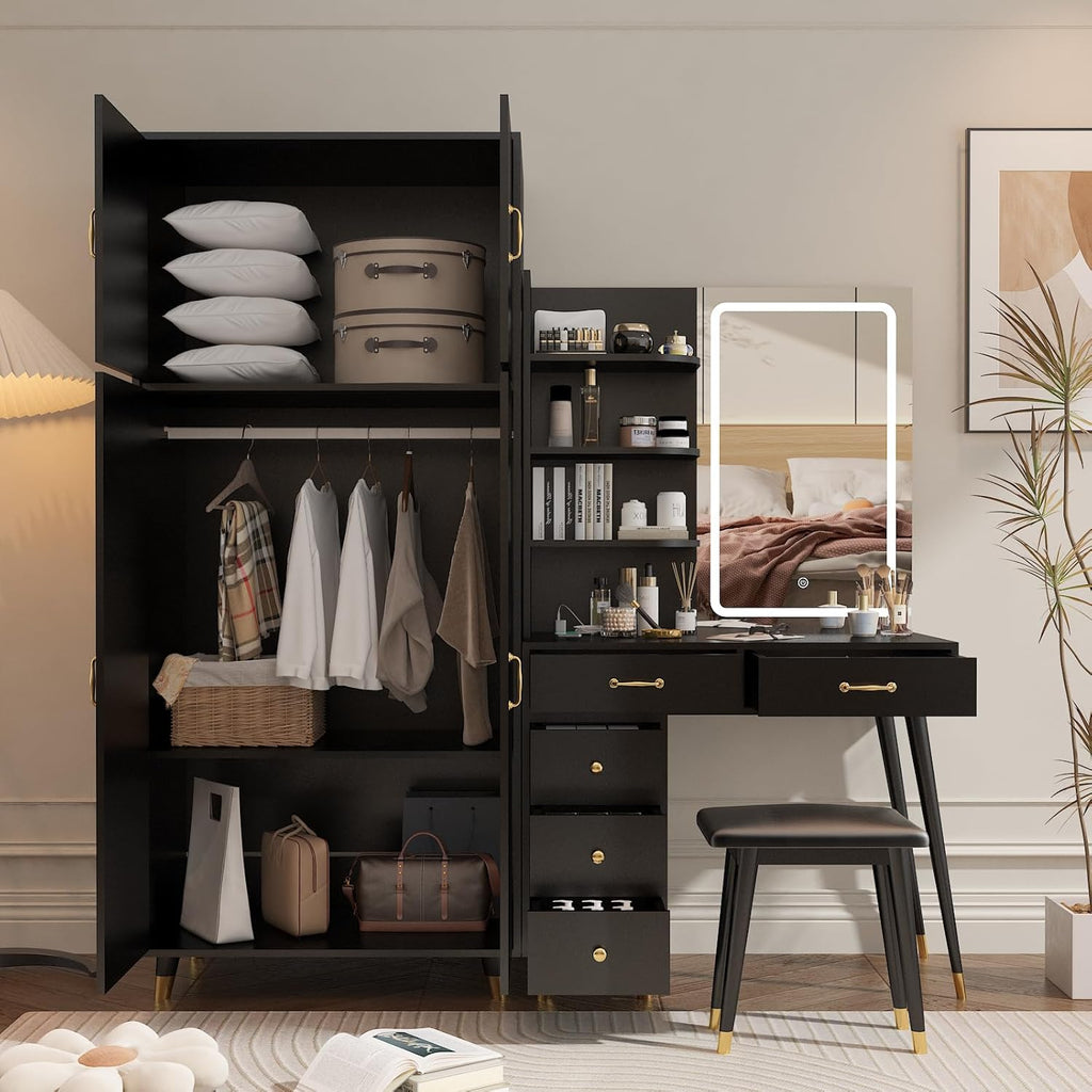 Black Vanity Desk with Mirror and Stool Set 4d
