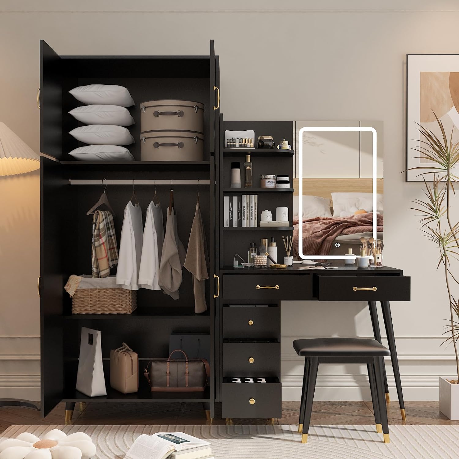 Black Vanity Desk with Mirror and Stool Set 4d