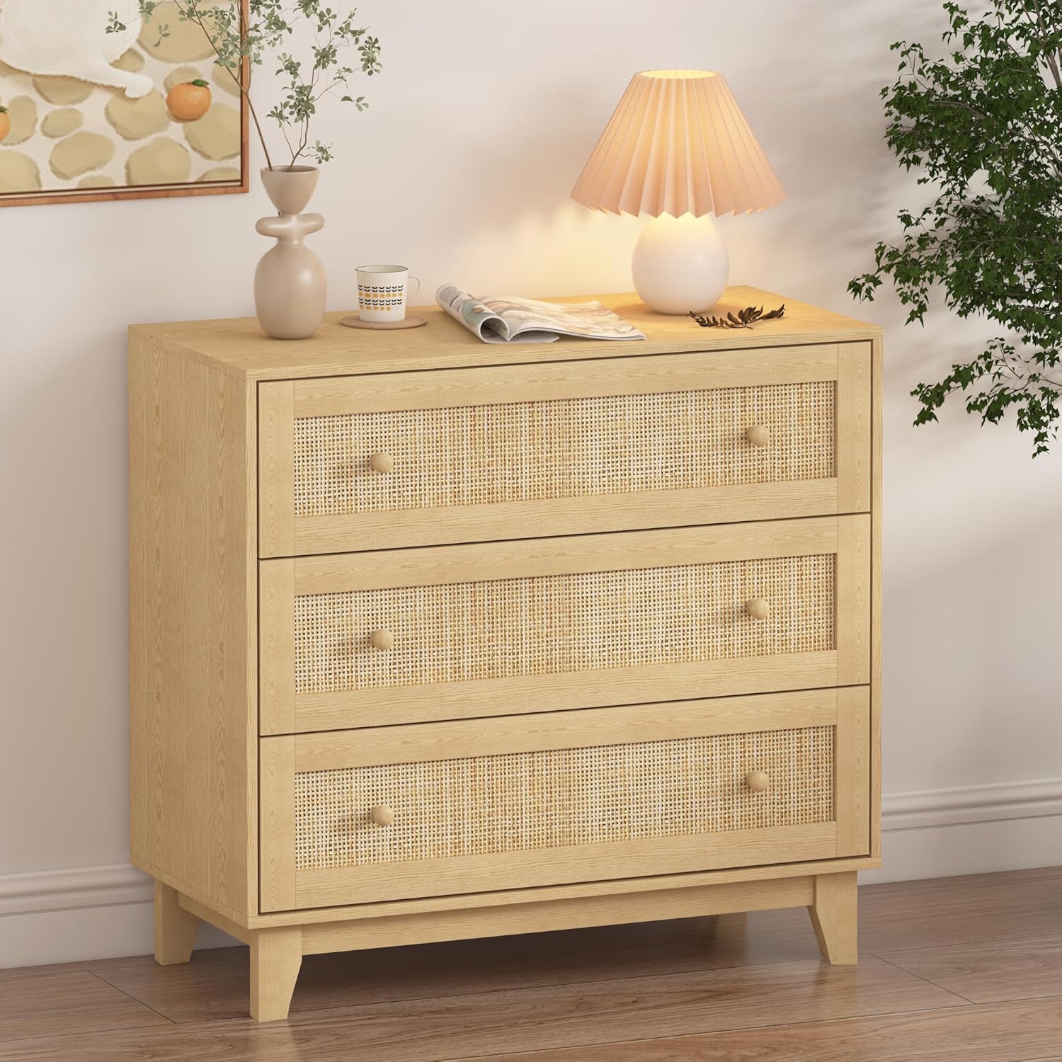 3 Drawer Dresser for Bedroom, Natural Rattan Boho Small Closet Dressers Chest of Drawers, Modern Wood Clothes Storage Organizer with Wooden Feet and Handles for Hallway, Living Room, Entryway