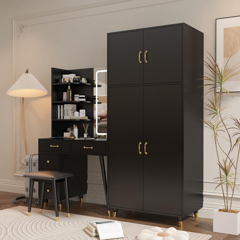 Black Vanity Desk with Mirror and Stool Set 4d