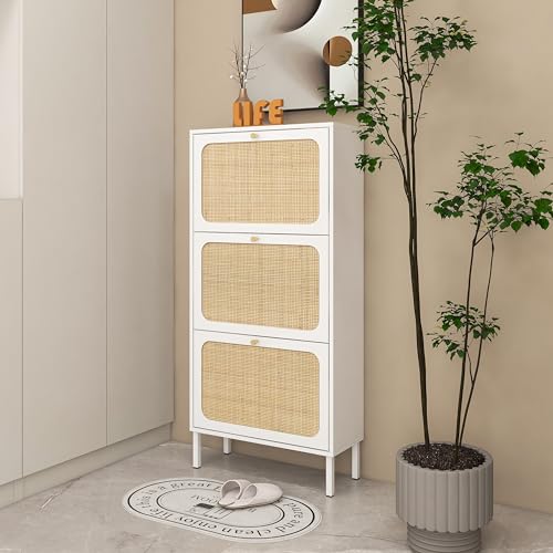 Natural Rattan Narrow Shoe Cabinet with 3 Flip Drawers a7k
