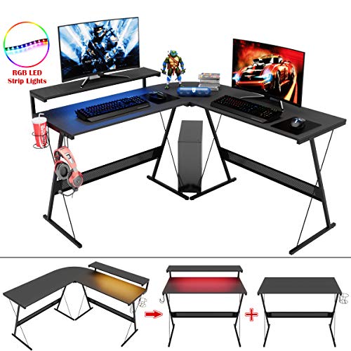 L Shaped Gaming Desk with LED 55 Inch, Carbon Fiber Black a7