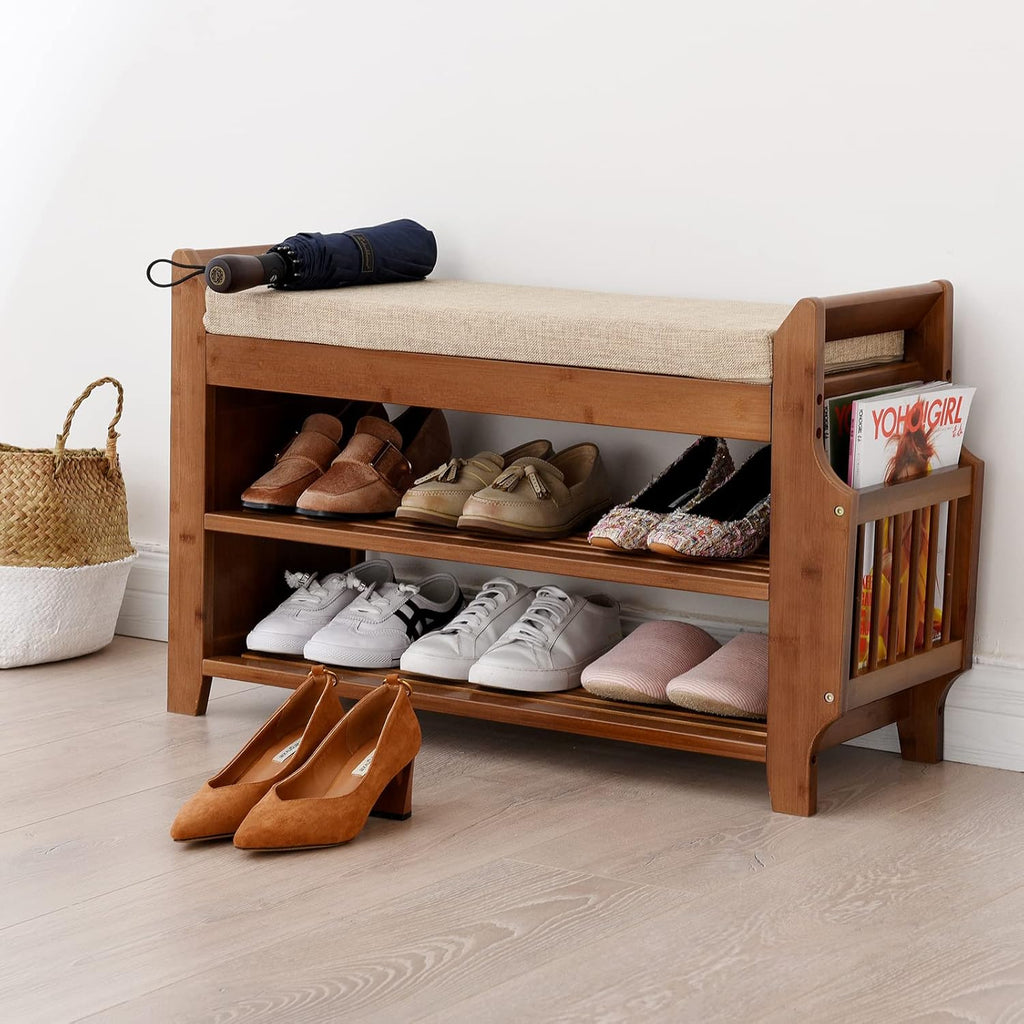 Bamboo Shoe Bench with Seat Cushion Entryway Storage Shelf a7