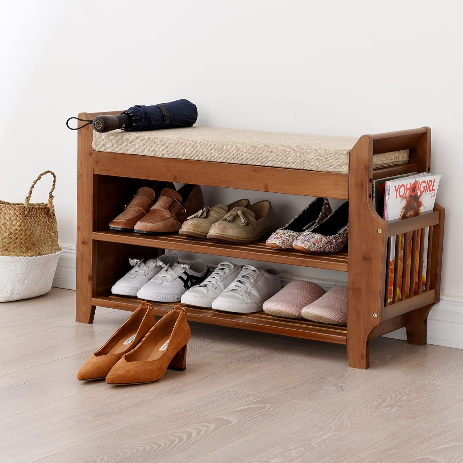 Bamboo Shoe Bench with Seat Cushion Entryway Storage Shelf a7