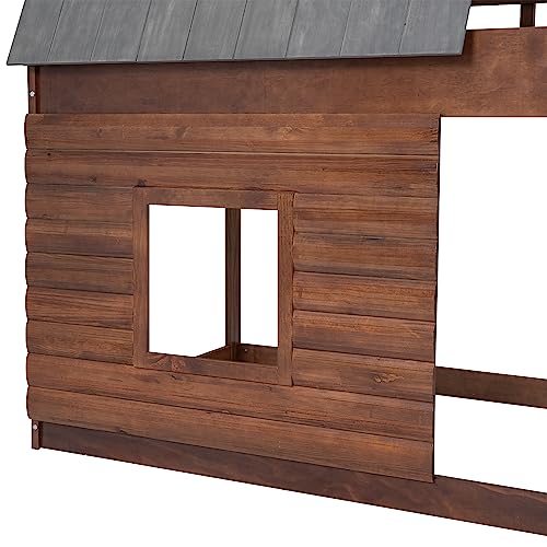 Twin Over Twin Bunk Bed House with Roof and Windows Wood Frame Oak Smoky Grey k7