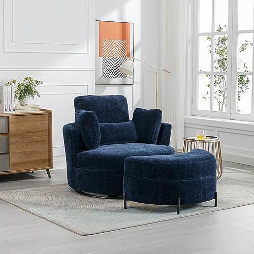 Beige Chenille Swivel Barrel Chair with Ottoman q7m