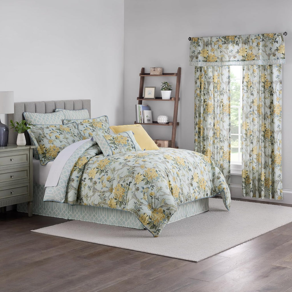 Waverly Peony Gardens 4 Piece Cotton Comforter Set, Embellished All Season Bedding, includes One Comforter, One Bed Skirt and Two Pillow Shams, Machine Washable Queen Bed Set, Blue