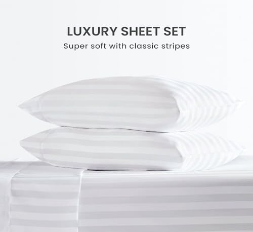 Egyptian Cotton King Sheets 1000 Thread Count White Stripe 4 Piece Set a7