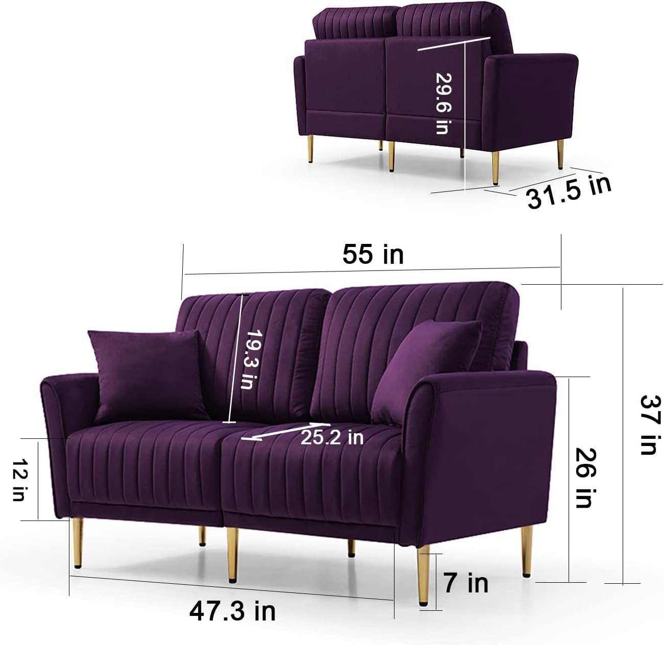 Modern Velvet Sectional Sofa Set with Metal Legs Purple k7m