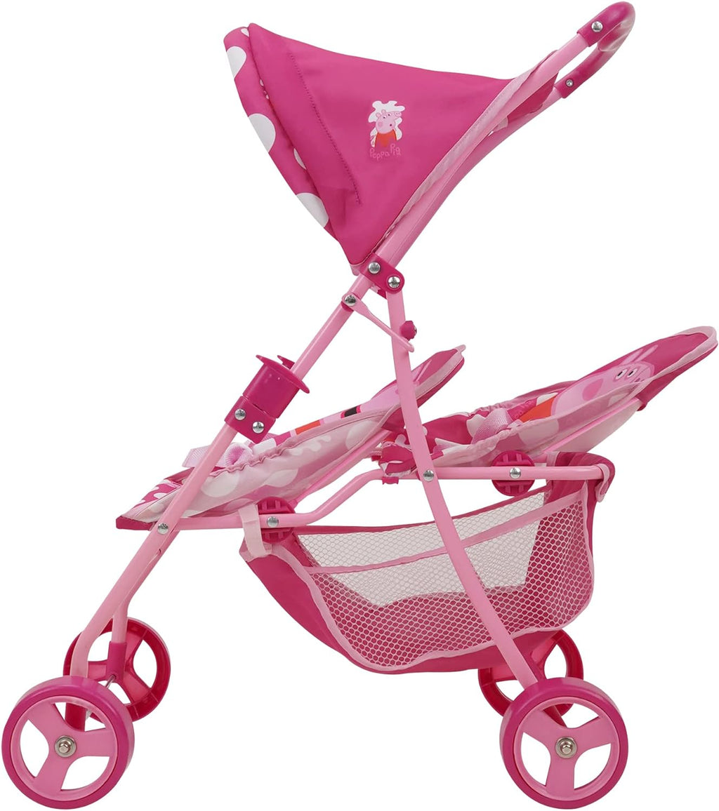 Doll Twin Stroller Pink White Dots Retractable Canopy Fits 24 Inch k7m