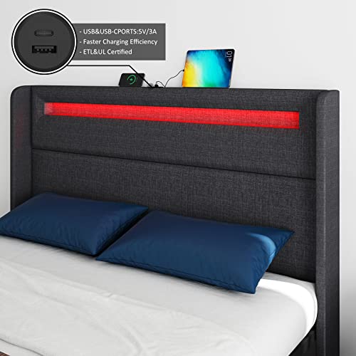 Queen LED Bed Frame with Wingback Headboard, Platform Bed with Storage Drawers a7k