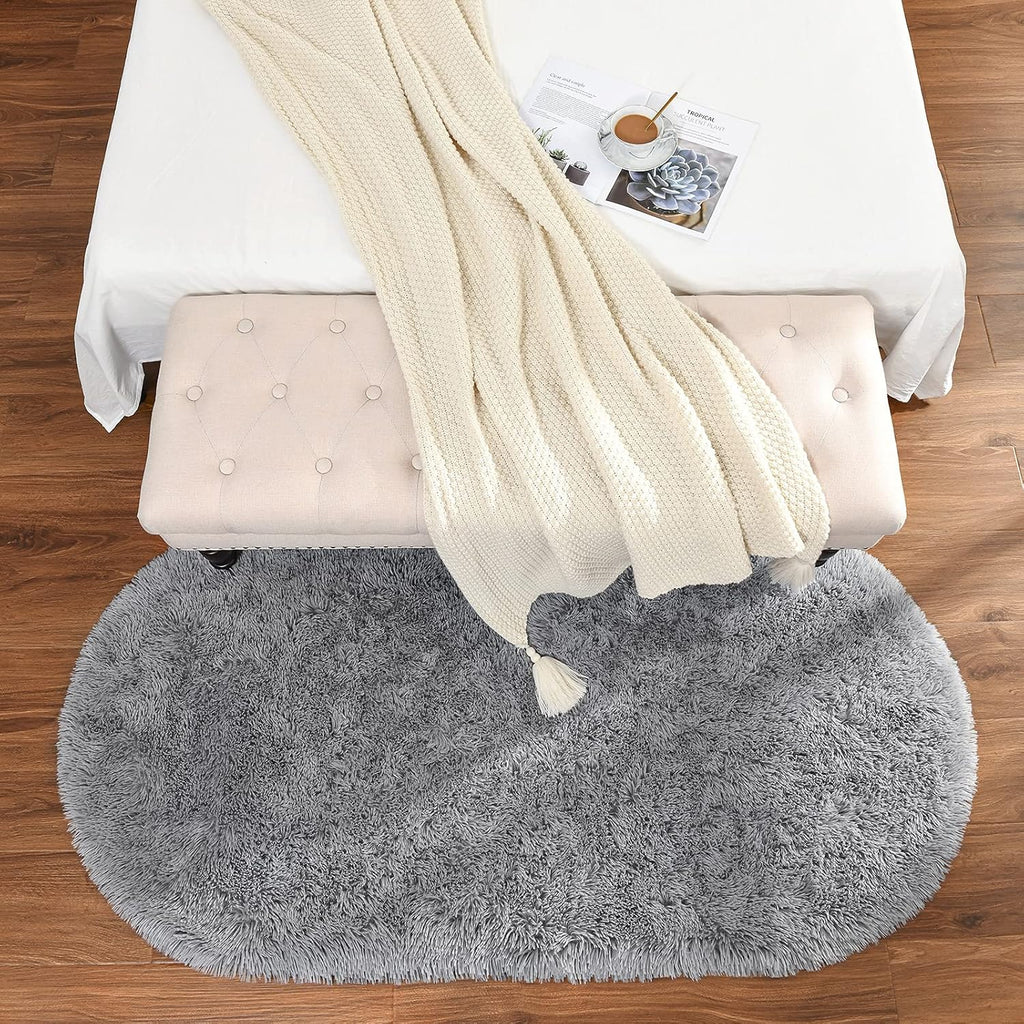 Fluffy Shag Area Rug for Bedroom Set of 2, Grey & Rainbow Oval Carpet k7m