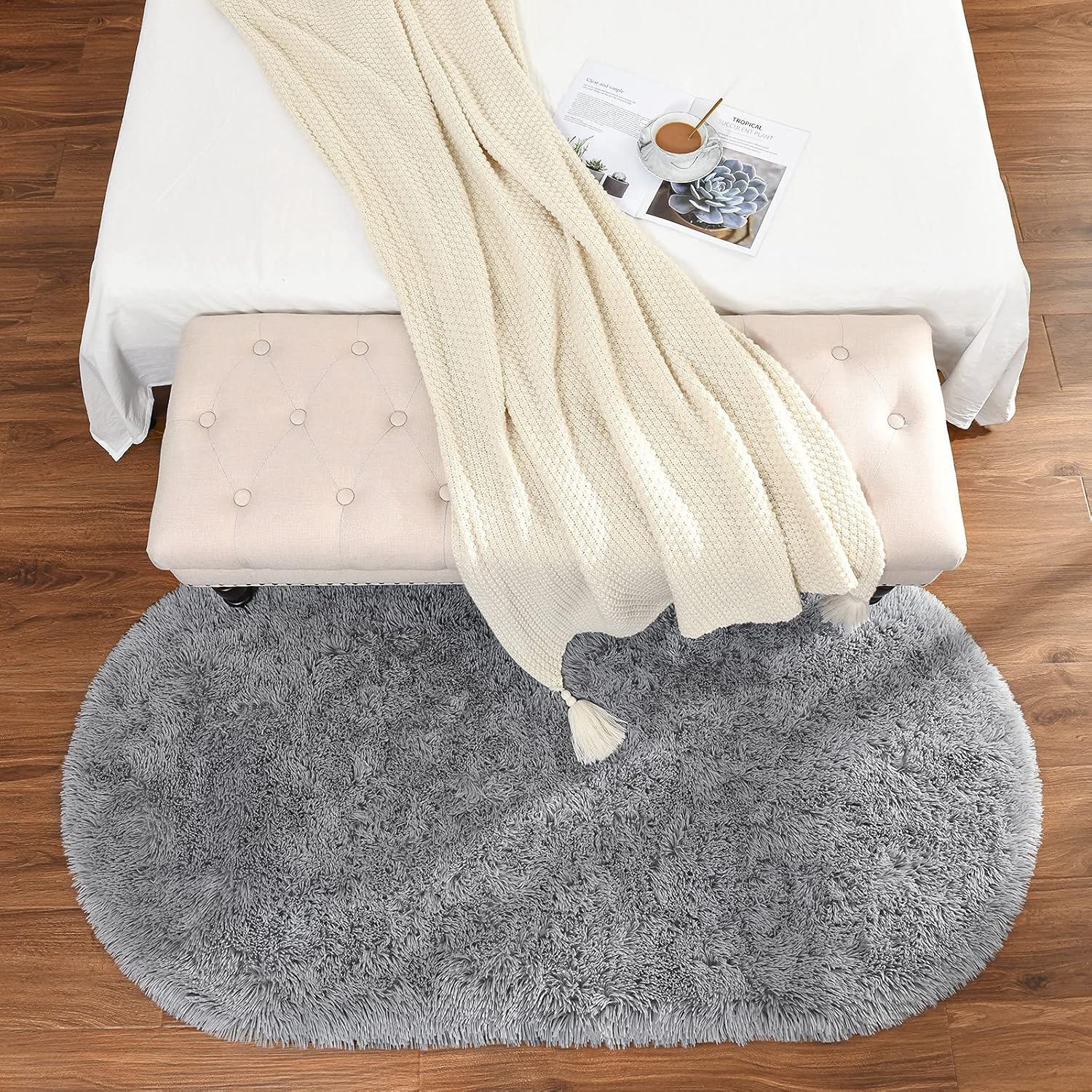 Fluffy Shag Area Rug for Bedroom Set of 2, Grey & Rainbow Oval Carpet k7m