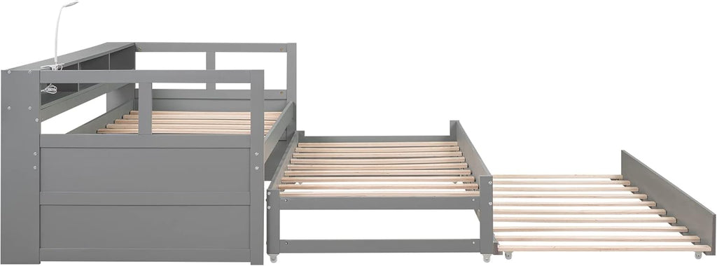 Twin XL Daybed with 2 Trundle Beds Wood Platform Bed with Storage Headboard Gray k7m