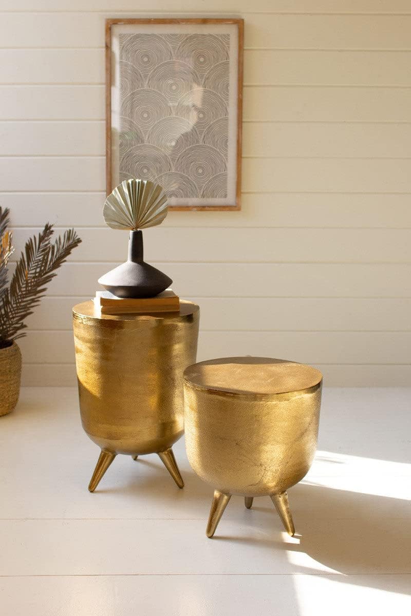 Antique Brass Aluminum Drum Tables Set of 2, 19-inch Height a7