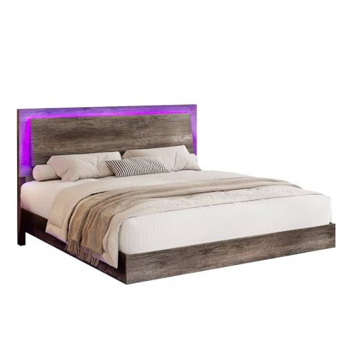 Rustic Grey Floating Platform Bed Frame with Headboard and LED Light k7m