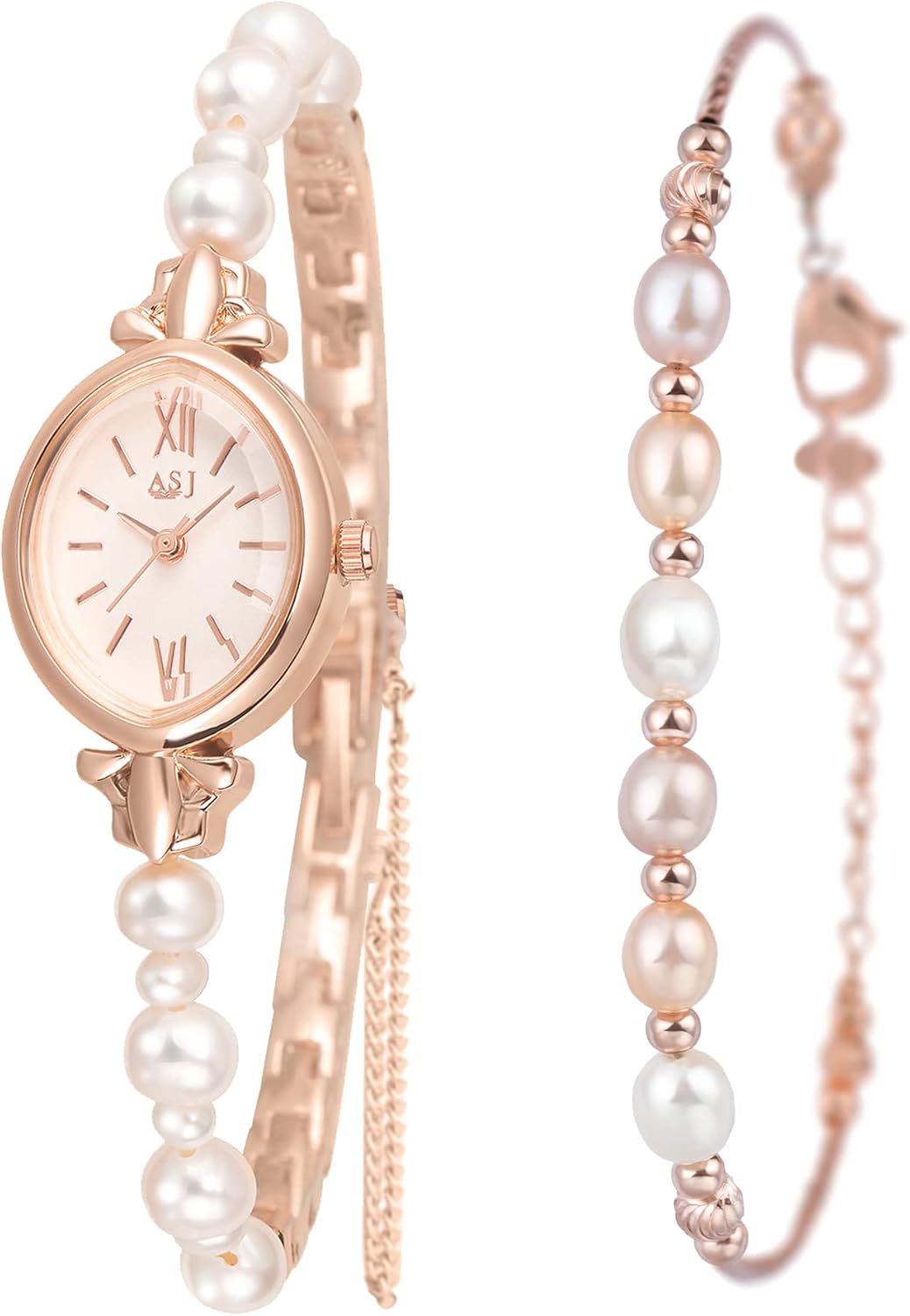 Clastyle Natural Pearls Watch and Bracelet Set for Women Rose Gold Ladies Dress Watch Set Mothers Day Gift Stylish Oval Dial Wrist Watches with Pearl Bracelet